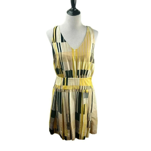 Maeve Anthropologie Dress Silk Blend A Line Sleeveless Geometric Yellow Black - Picture 2 of 9